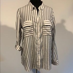 Express Striped Button Down with Embroidered Birds